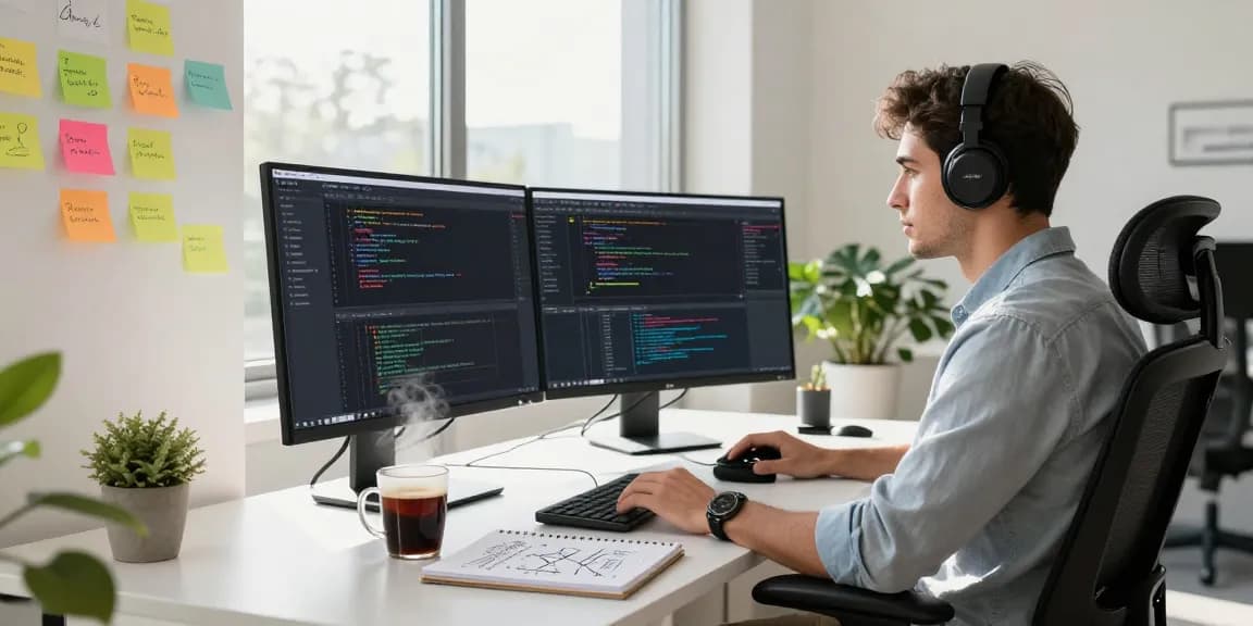 Developer engaged in coding at a modern desk showcasing WPS Official Website tools and office productivity.