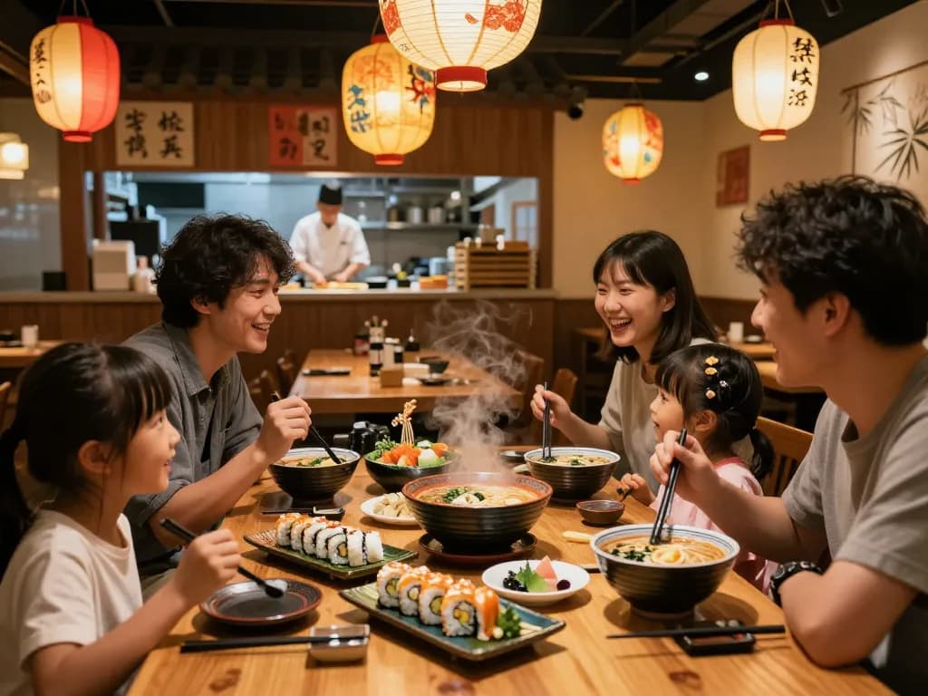 Dining experience at RED88 with sushi, ramen, and cheerful family atmosphere.