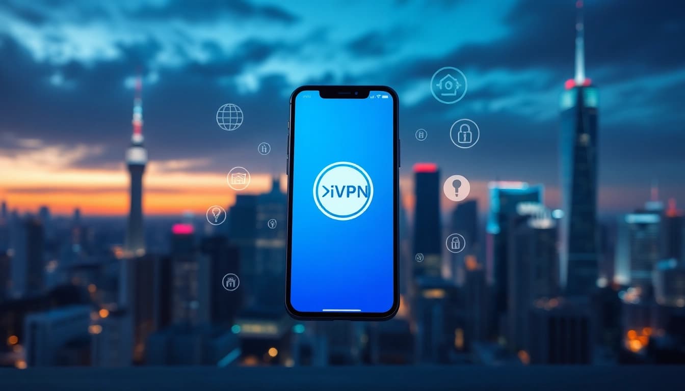 快连下载 app displayed on a smartphone against a twilight city skyline, showcasing enhanced connectivity and security features.
