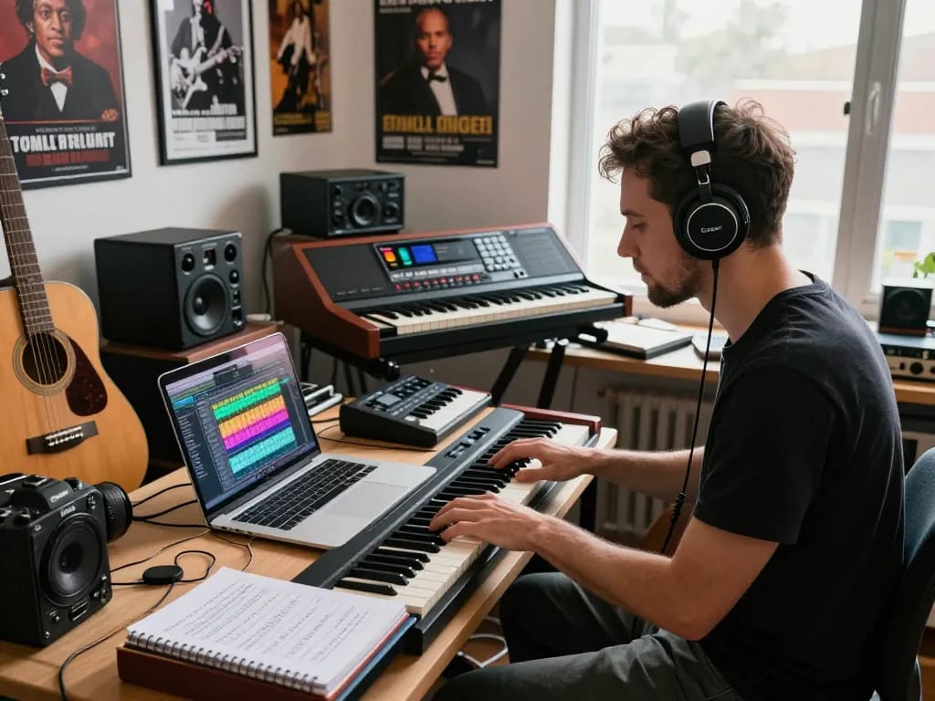 Musician composing in a vibrant studio with VK88 organ and modern instruments.