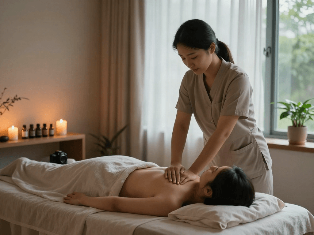 A soothing 오산출장 massage therapy session in a serene spa, therapist at work with calming atmosphere and natural light.