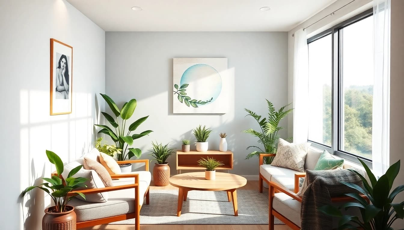 Therapist's office focusing on stress and anxiety relief with calming decor and natural light.