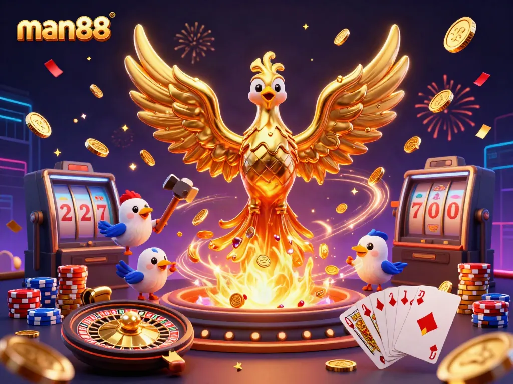 Immerse in the man88 vibrant gaming world with a molten phoenix and casino elements.