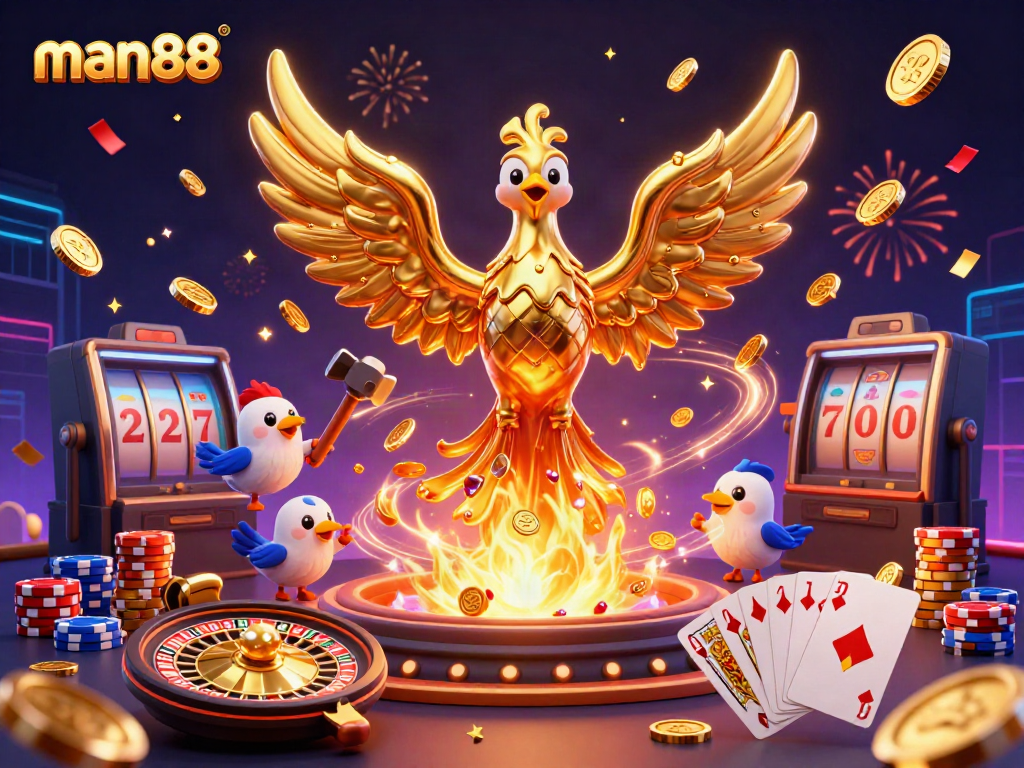 Immerse in the man88 vibrant gaming world with a molten phoenix and casino elements.
