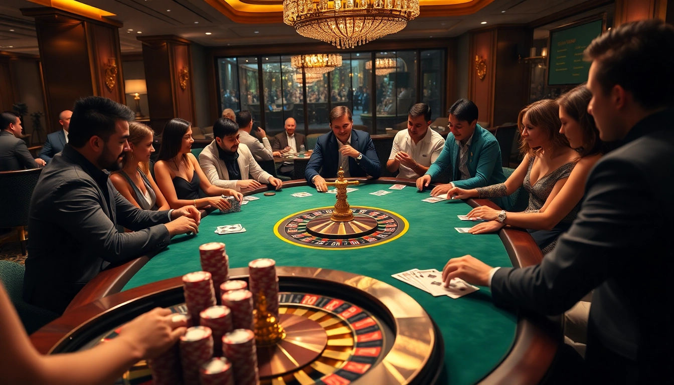 Excited players engage at a luxurious poker table with betting over https://vsbet3.net/ showcased, emphasizing high-stakes action.