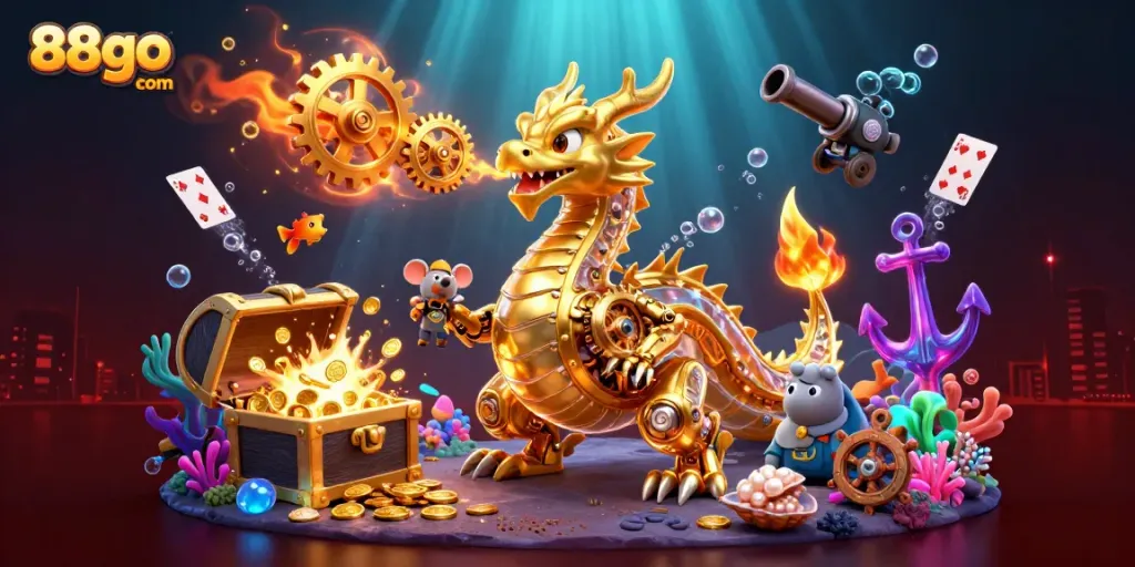 Engage with the exciting world of 88go com in this vibrant casino illustration, showcasing prizes and gameplay.