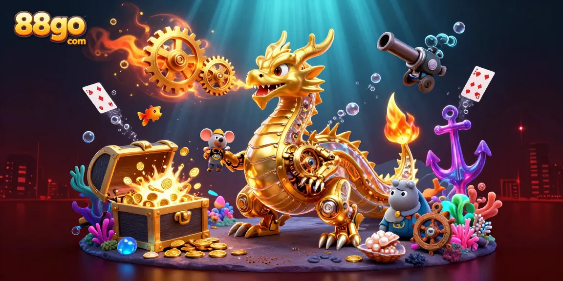 Engage with the exciting world of 88go com in this vibrant casino illustration, showcasing prizes and gameplay.