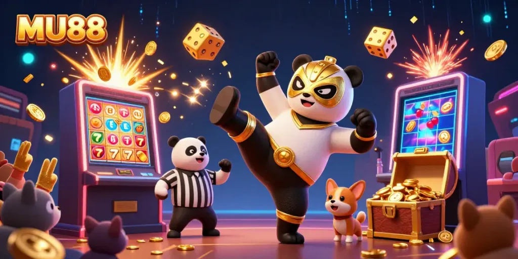 Experience excitement with MU88 as a panda wrestler and chihuahua referee celebrate a jackpot explosion!
