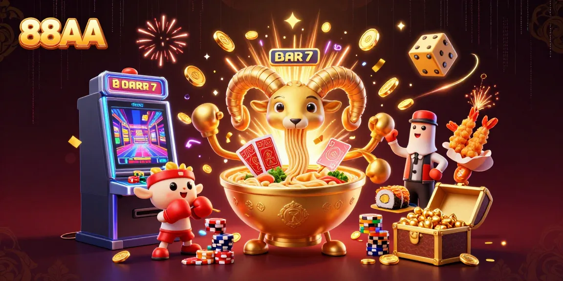 Experience excitement at 88AA with a colorful casino scene featuring characters, slot game elements, and dynamic action.