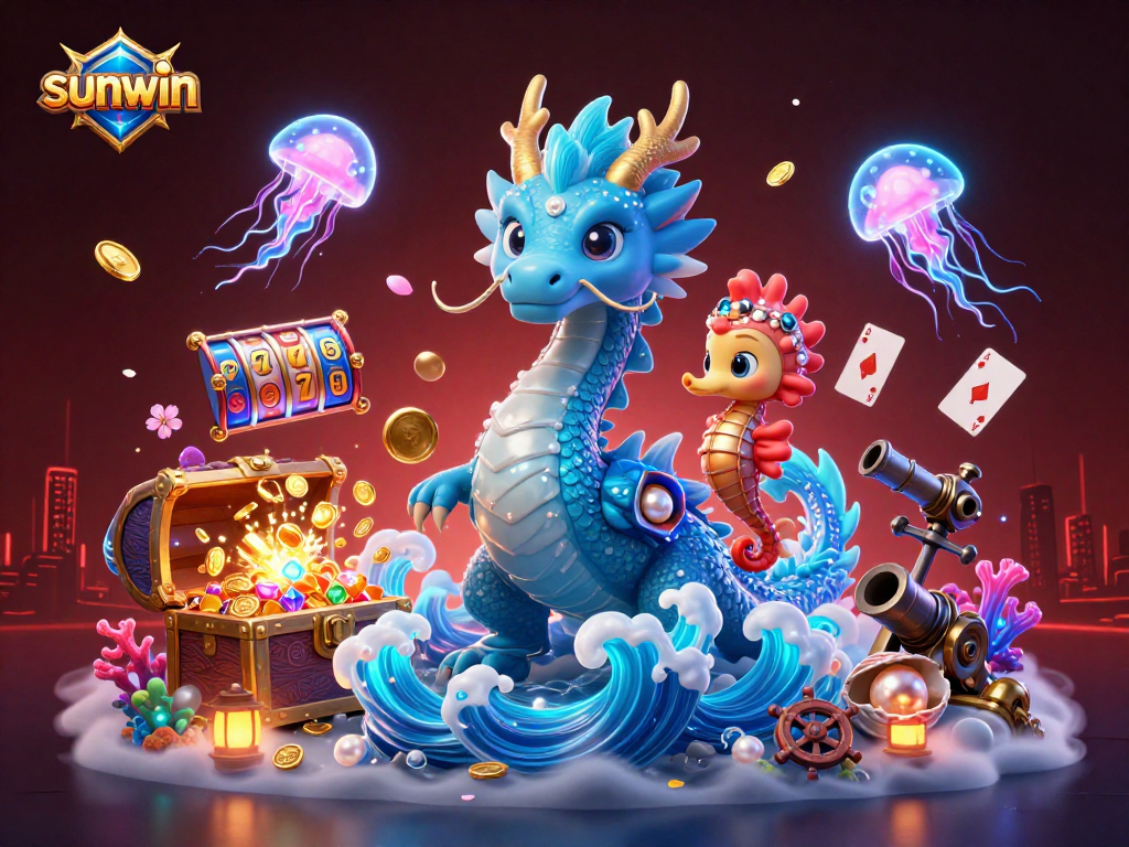 Win big with sunwin in this vibrant underwater casino scene featuring a dragon and seahorse!