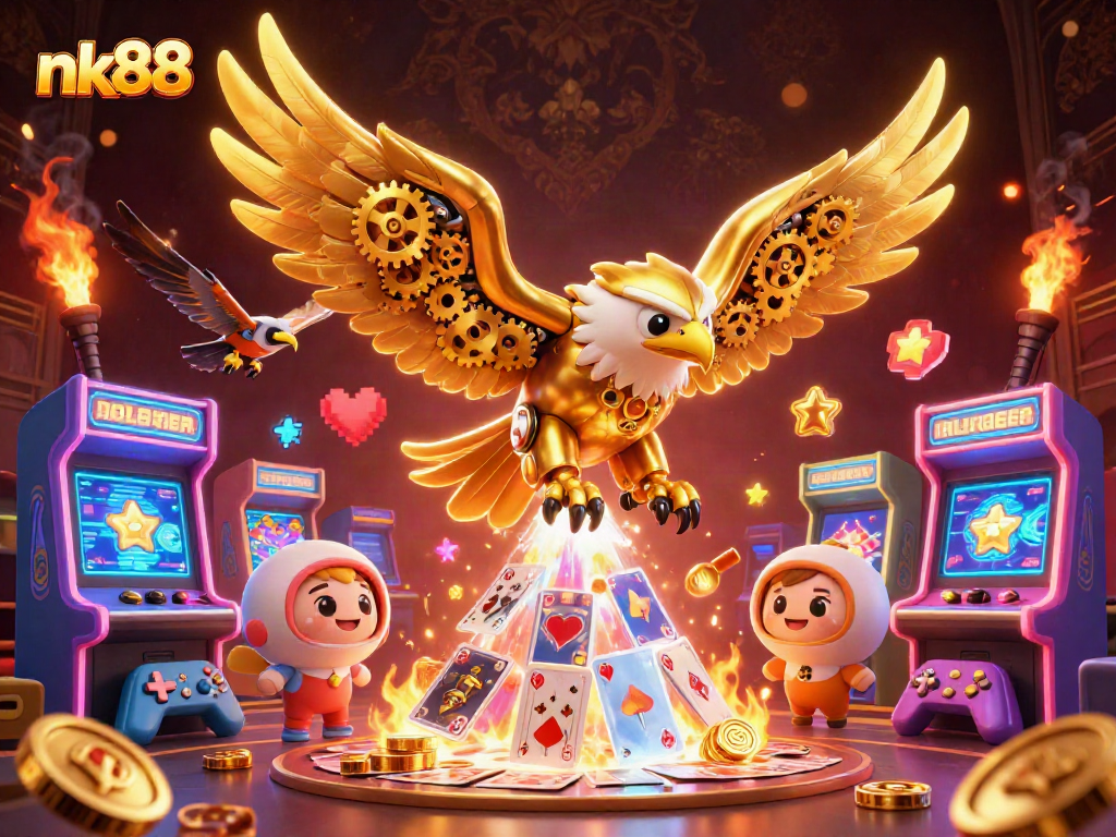 nk88 showcases a dynamic 3D casino scene featuring a golden eagle and vibrant gaming elements