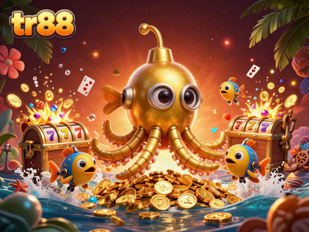 Engage with tr88's vibrant casino scene featuring the golden kraken submarine amidst slot reels and treasures