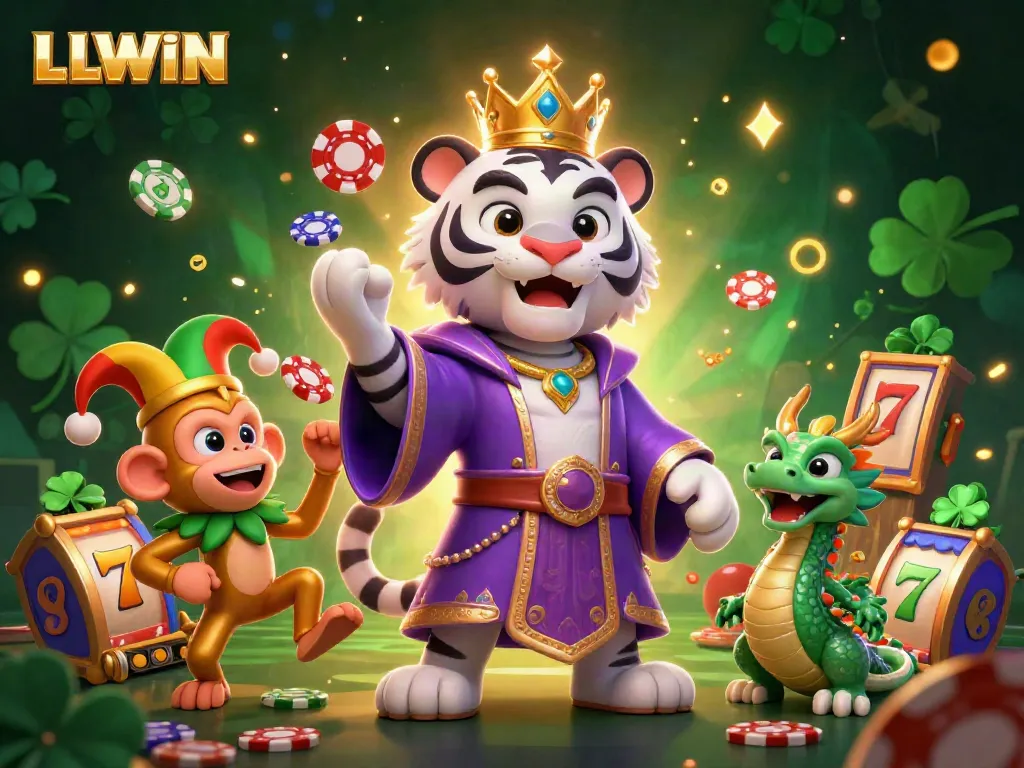 Experience thrilling gaming action at LLWIN with a vibrant 3D casino scene featuring a white tiger, monkey, and dragon.