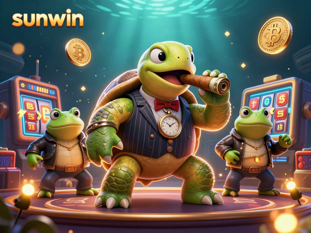 Engage in thrilling action with Sunwin, featuring an epic 3D turtle in mobster attire amid vibrant casino elements.