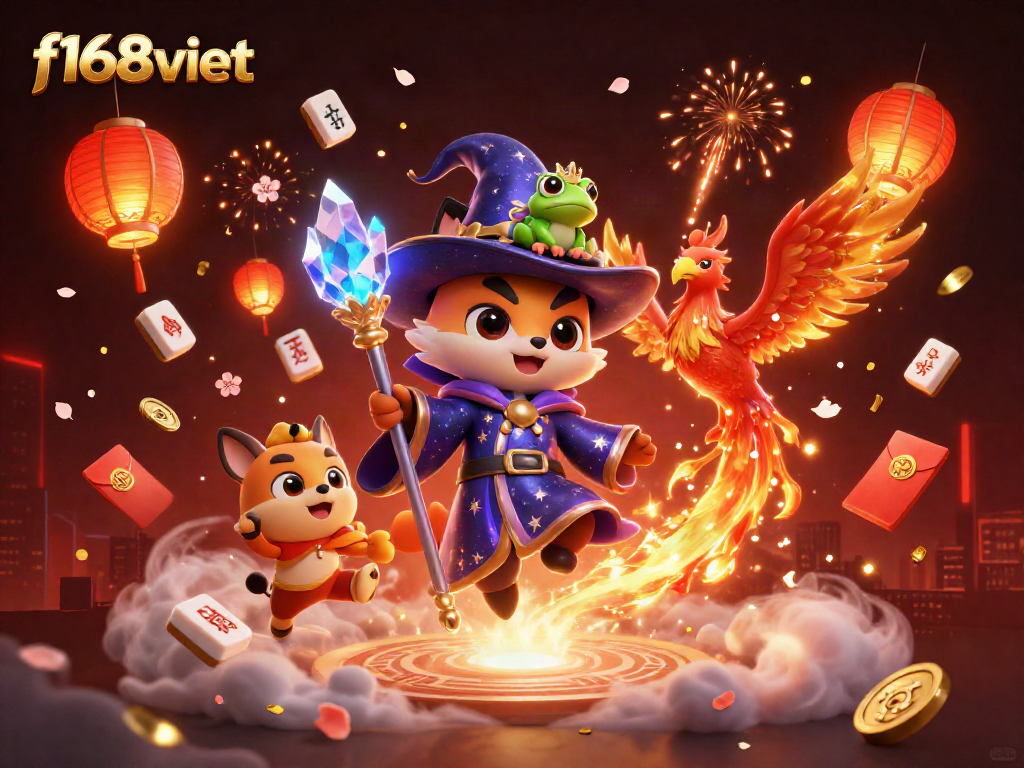 Embark on winnings with f168viet showcasing a mystical casino adventure featuring a wizard, phoenix, and frog.