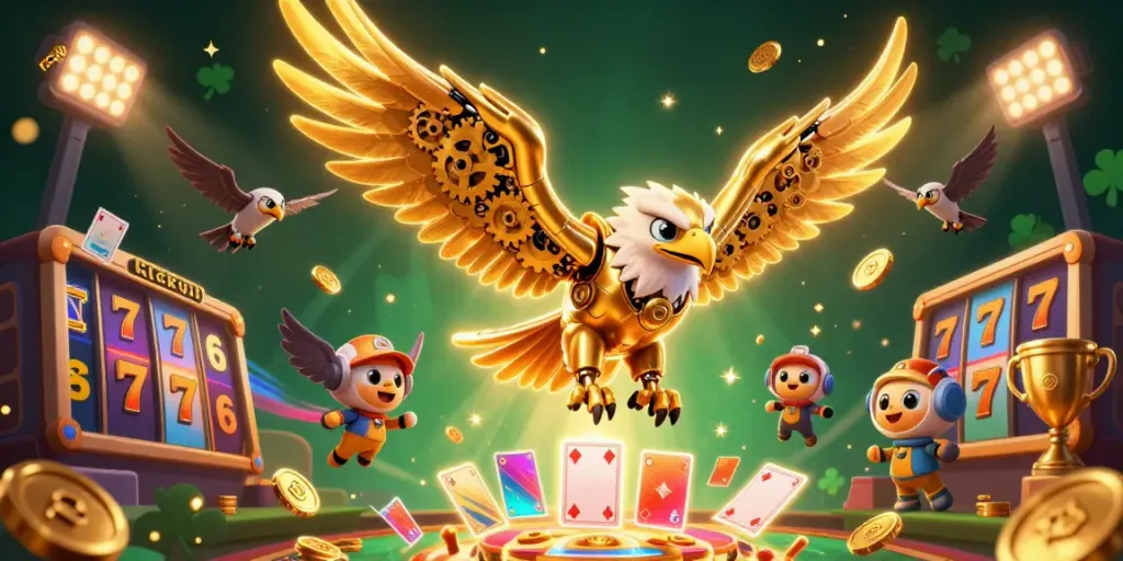 Experience thrilling gameplay at rickvip with a 3D cybernetic eagle amidst exciting slot games and dynamic elements.