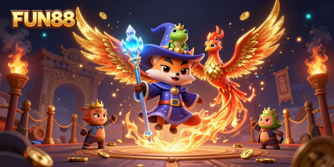 Experience thrilling games with FUN88 in a vibrant 3D casino scene featuring engaging characters and dynamic elements.