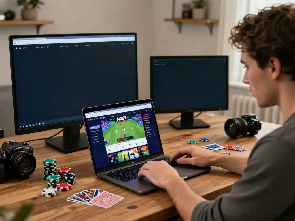 Engaged user on a laptop with the NBET platform showcasing online gambling experience.