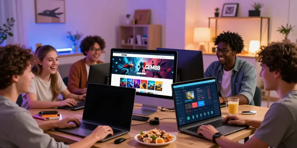 Players engaging with GEM88's online gaming platform in a vibrant living room.
