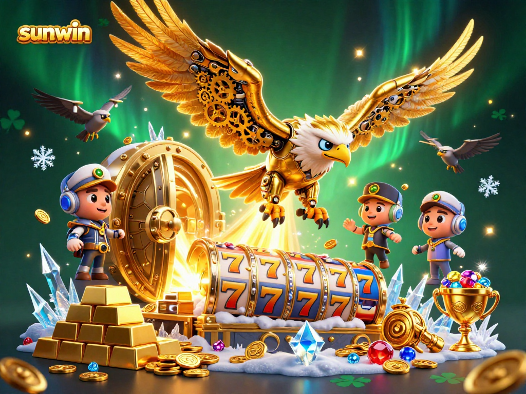 Engage in gaming excitement with sunwin’s golden eagle amidst shimmering slot reels and treasures.
