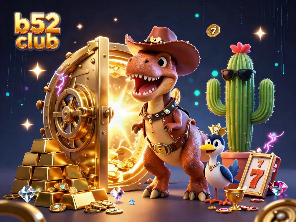 Spin jackpots at b52 club with T-Rex cowboy and treasure-filled adventures.