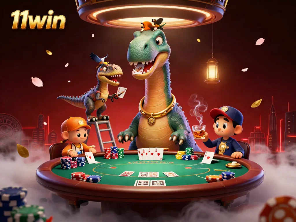 Engage in thrilling poker games at 11win with a comedic dinosaur dealer and vibrant casino atmosphere.