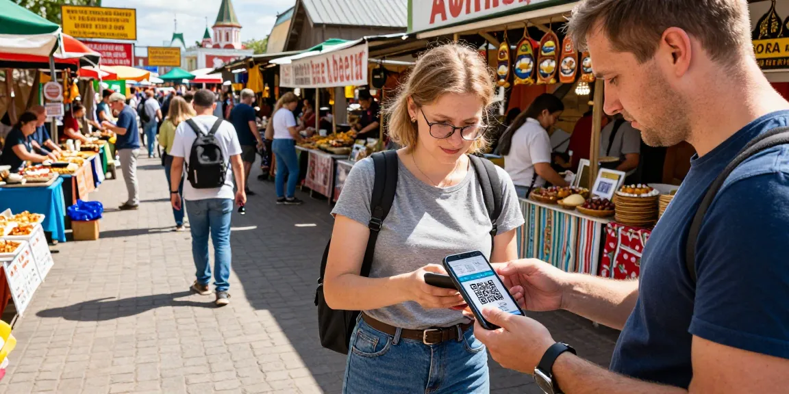 Rusya'da yerel pazarda QR kod ile ödeme yapan turistlerin canlı atmosferi ve renkli kültürel unsurları.