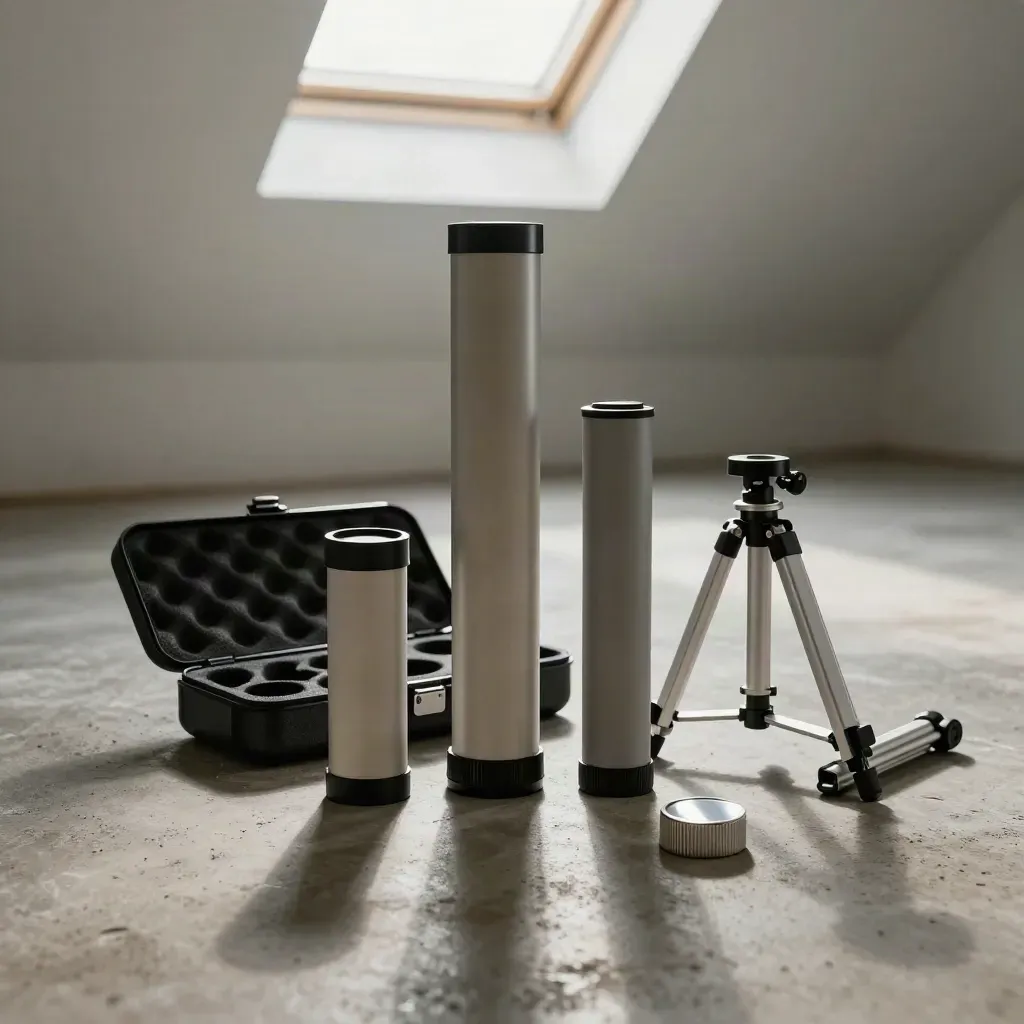 Açık köpük insert yanında üç teleskop tüpü, tripod ve dew cap; skylight ışığında.