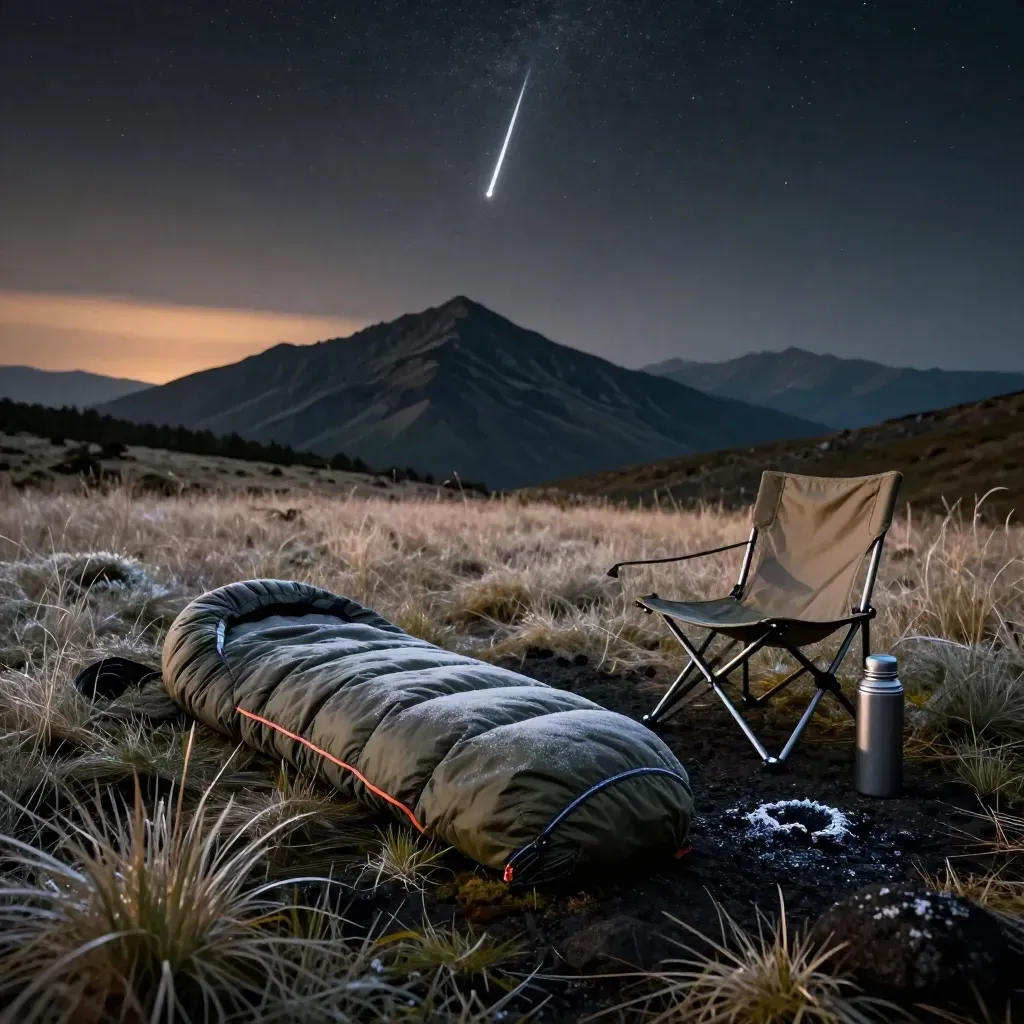 Dağ çayırında meteor yağmuru kampı, uyku tulumu ve termosla gece manzarası