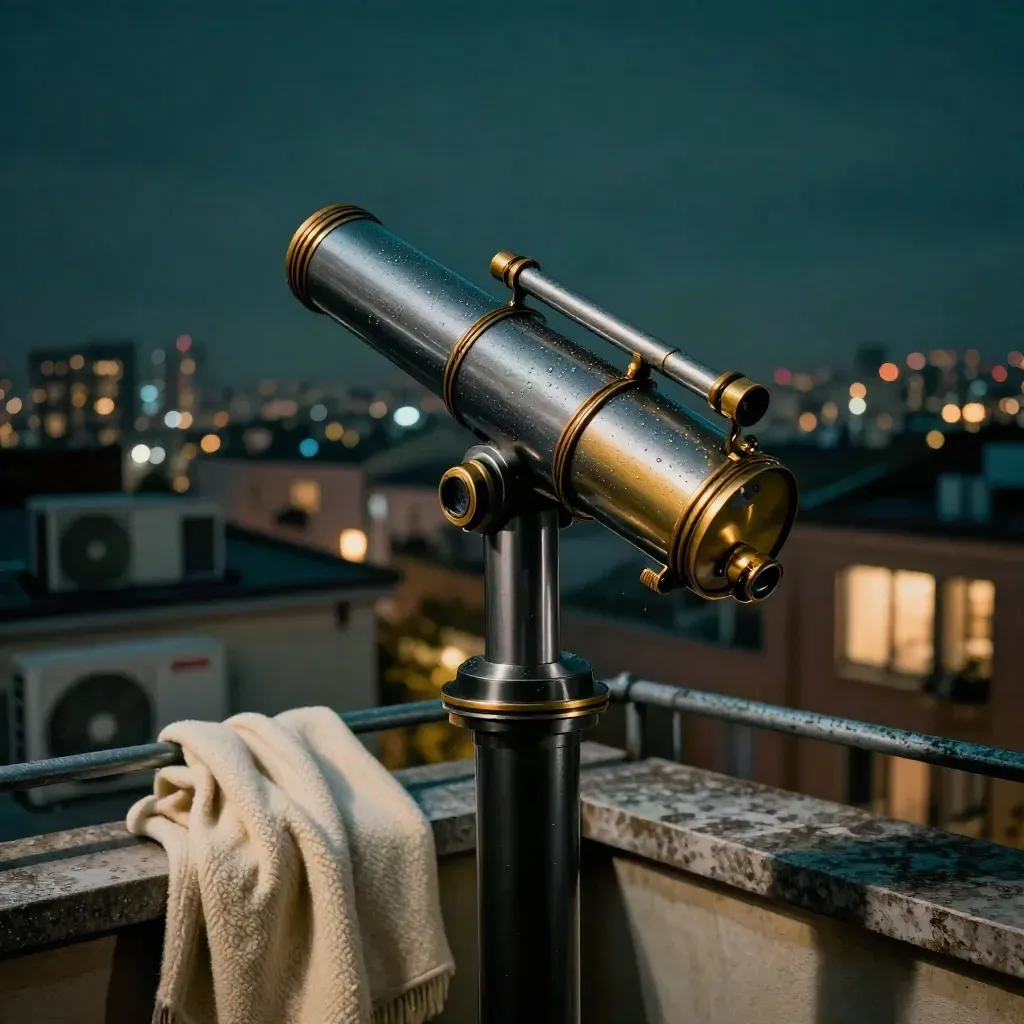 Gece balkonda şehir ışıklarına çevrilmiş teleskop
