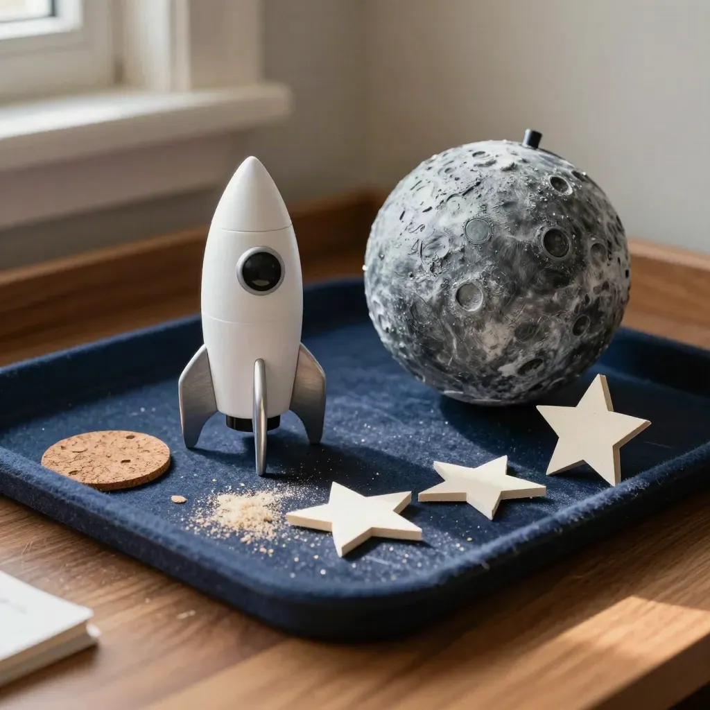 Masa köşesinde roket maketi, ay küresi ve kağıt yıldızlarla uzay öğrenme alanı.