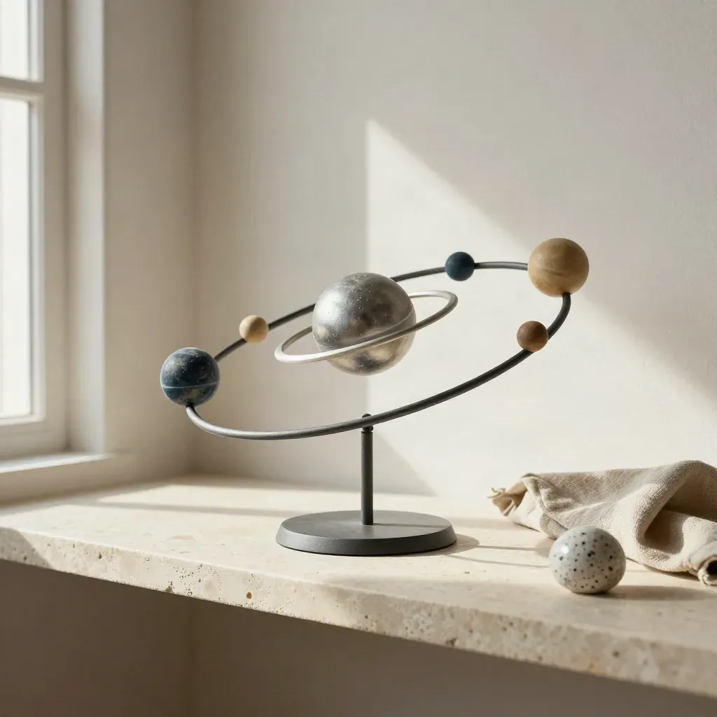 Taş rafta gezegen küresi orrery, keten kumaş ve taş ağırlıkla kozmik still life.