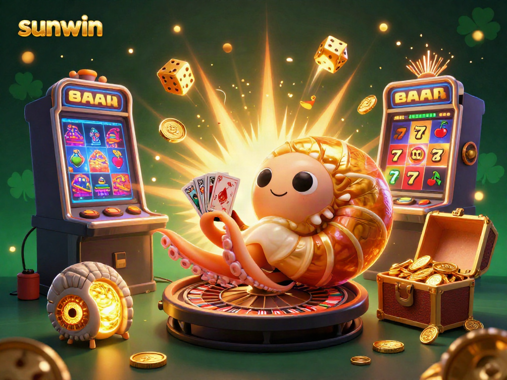 Experience thrilling gameplay at Sunwin with rich visuals of slots, cards, and casino icons.