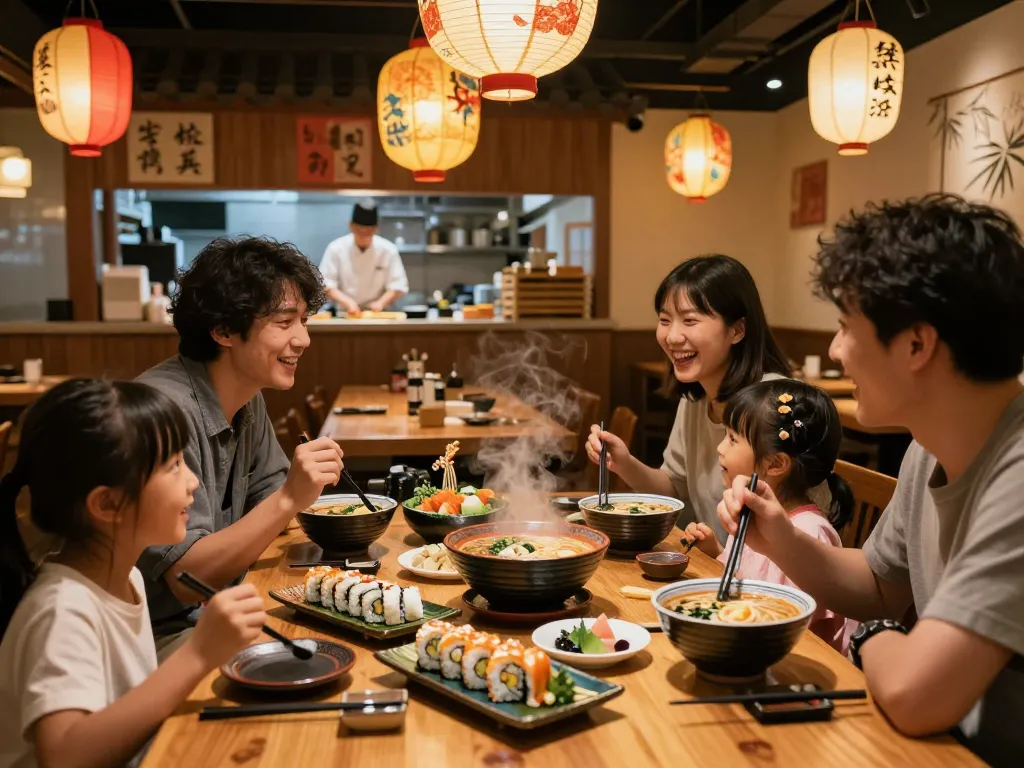 Dining experience at RED88 with sushi, ramen, and cheerful family atmosphere.