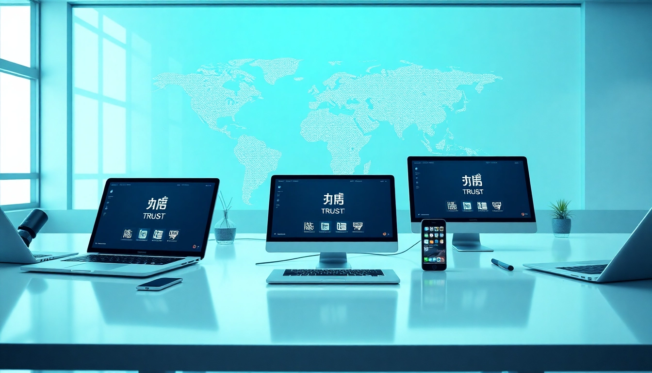 快连下载 interface on multiple devices in a modern workspace, showcasing global connectivity and innovation.