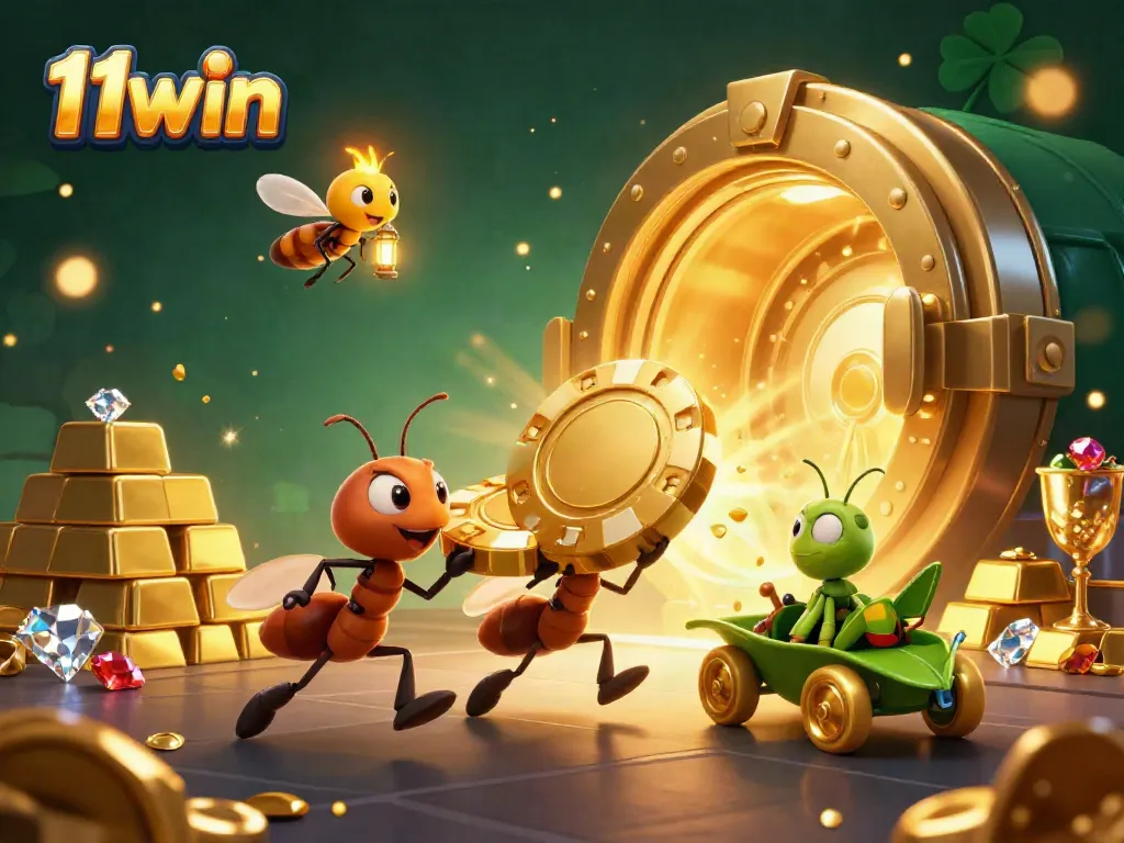 Experience exciting heists with 11win's playful cartoon scene of ants, poker chips, and treasures.