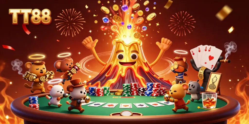 TT88 celebrates wins with vibrant treasure, poker chips, and a triumphant volcano in action.