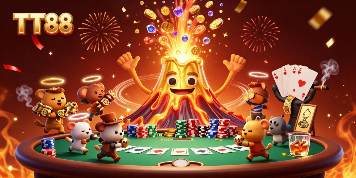 TT88 celebrates wins with vibrant treasure, poker chips, and a triumphant volcano in action.