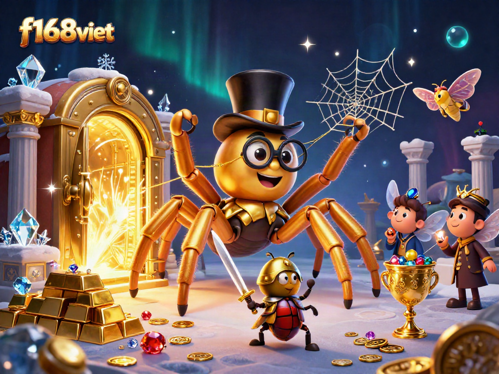 Engage with f168viet's vibrant casino scene featuring a golden tarantula and beetle knight.