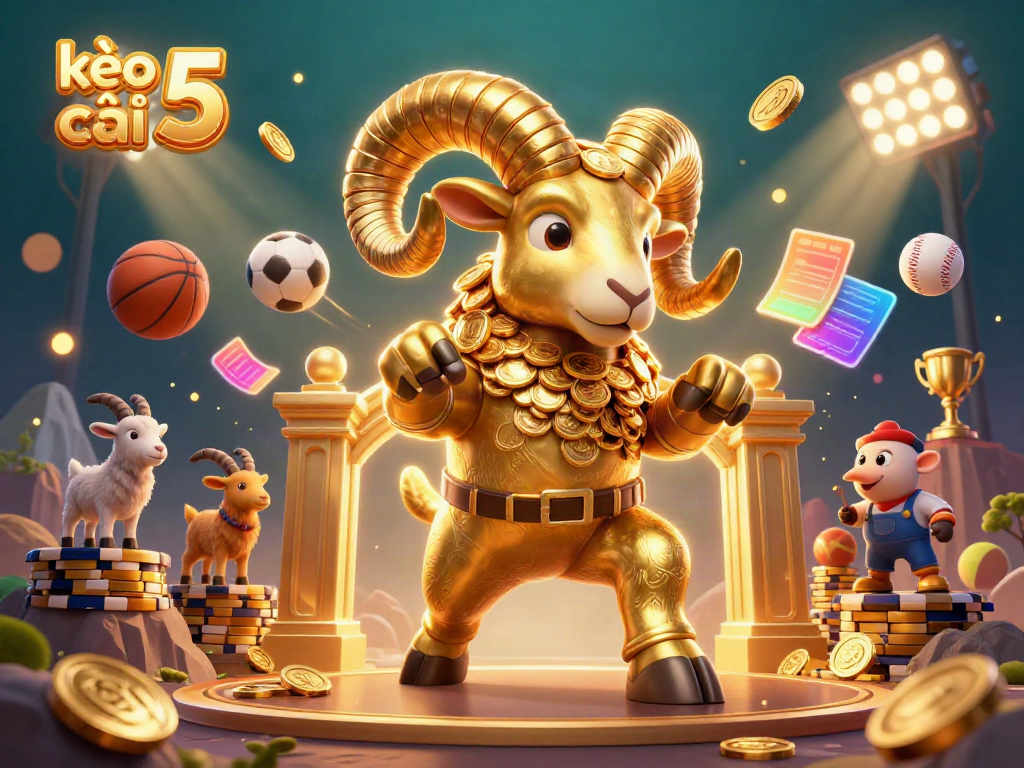 Engage with kèo nhà cái 5 in an exciting illustration featuring a golden ram charging through sports betting elements.