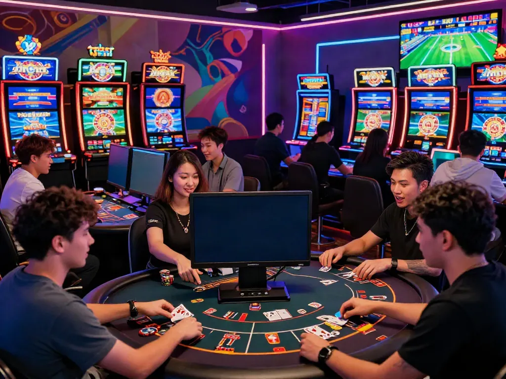 Players enjoying diverse games at Man88's modern online casino platform in a lively atmosphere.