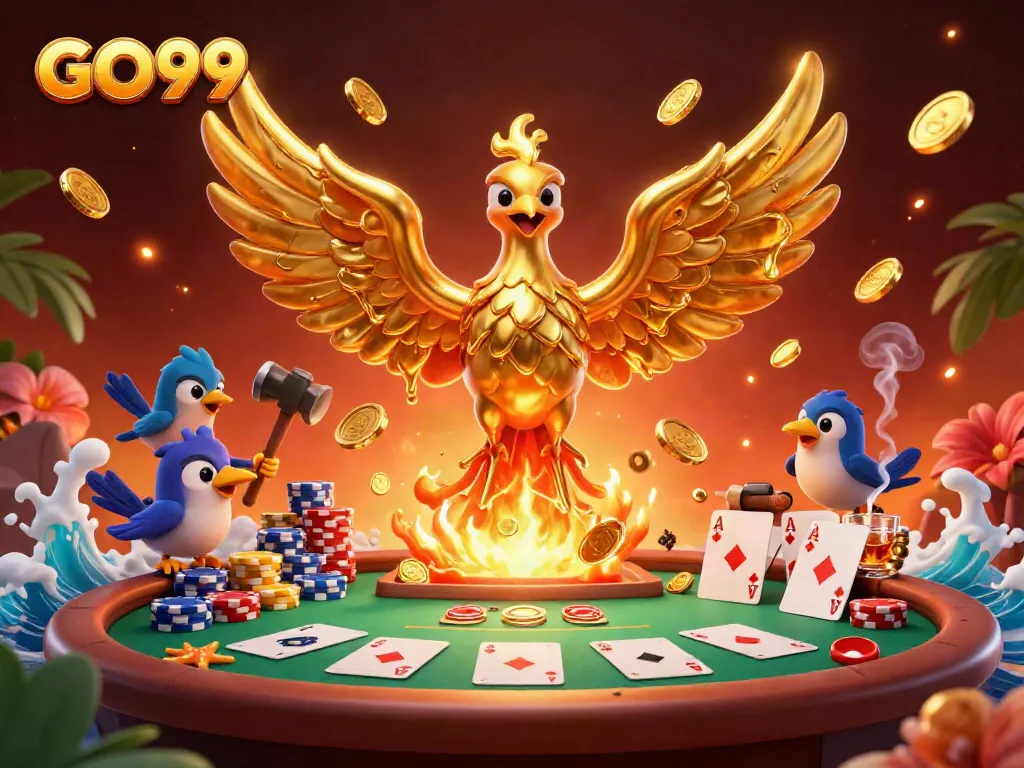 Experience the thrill of GO99 with a molten phoenix amidst a lively poker scene and vibrant casino elements.