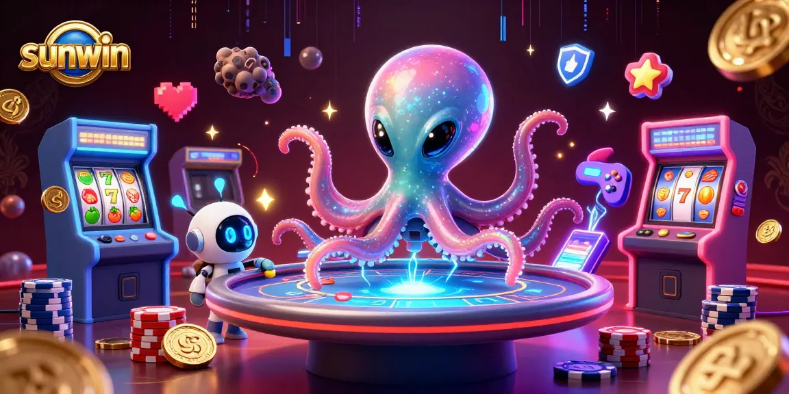 Engage with sunwin at a vibrant alien casino, showcasing colorful 3D games and holographic poker.