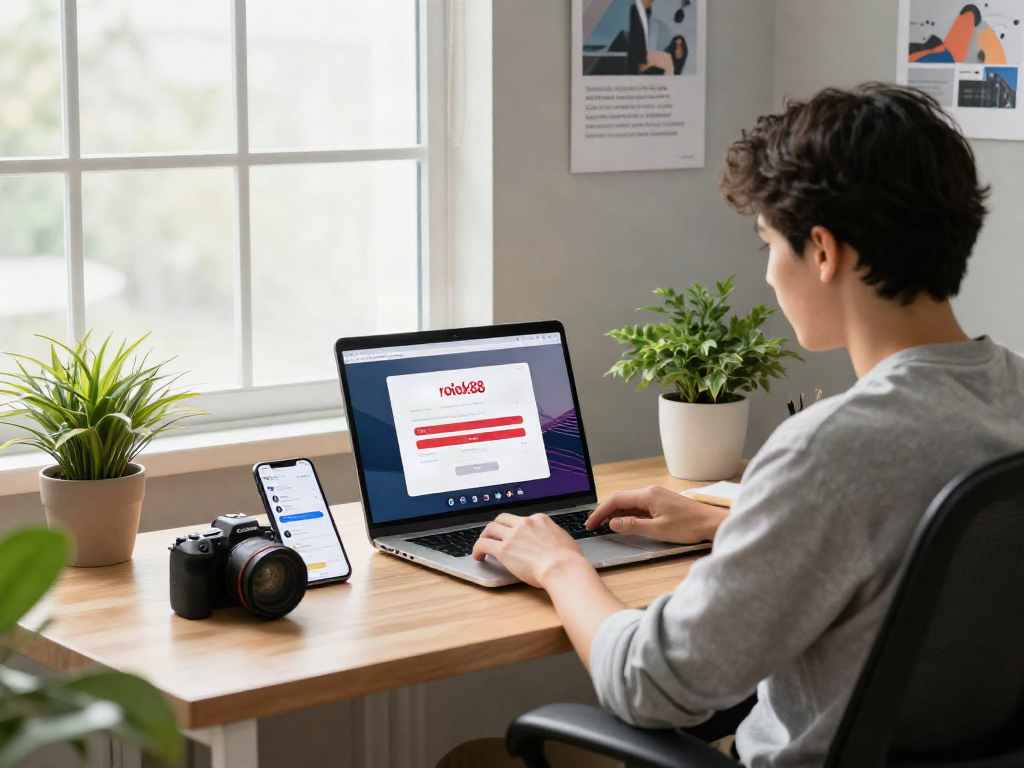 Person engaging with the rokok88 login page on laptop in a cozy workspace, capturing e-commerce efficiency.
