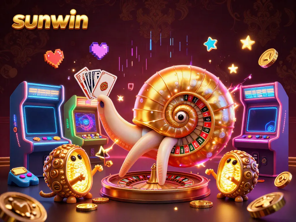 Experience the excitement of sunwin with a vibrant casino-themed illustration featuring a nautilus roulette wheel.