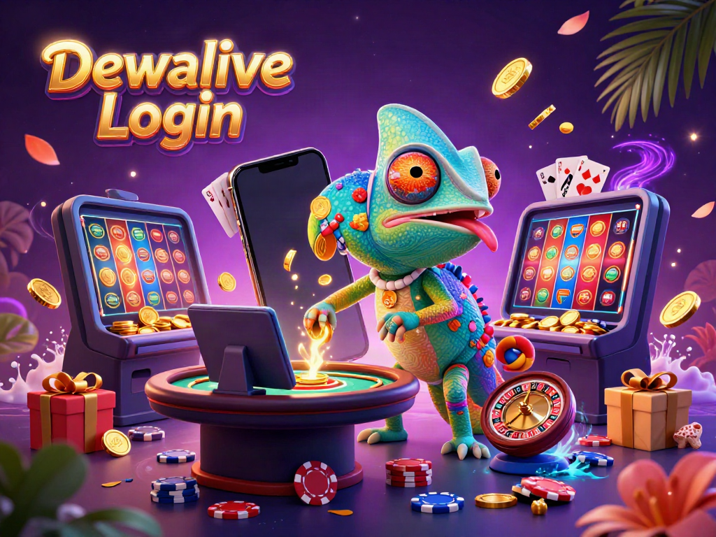 Permainan angka Dewalive Login dengan chameleon berwarna chip poker dan smartphone slot.