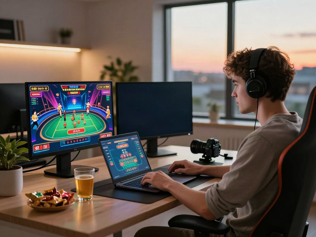 Engaged player on laptop experiencing fc88 online casino games at home.