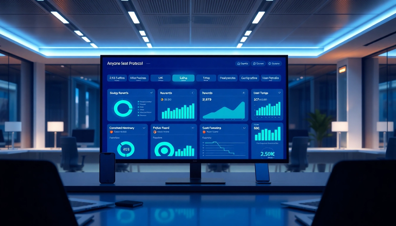 Anyone Protocol Dashboard showcasing staking metrics and rewards in a modern office setting.