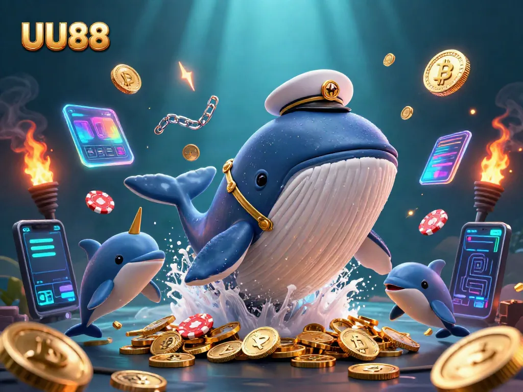 Engage in thrilling betting activities at UU88 with a playful 3D whale and friends surrounded by casino elements.