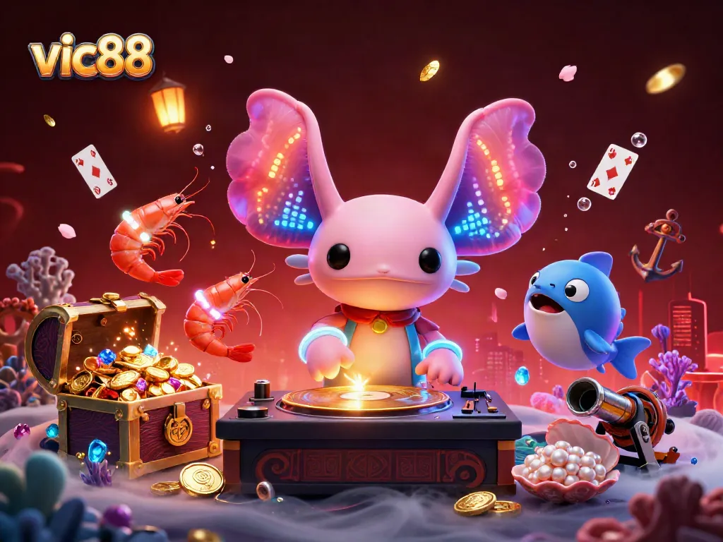 Experience the vibrant energy of vic88 with a neon axolotl DJ spinning records in an immersive underwater casino.